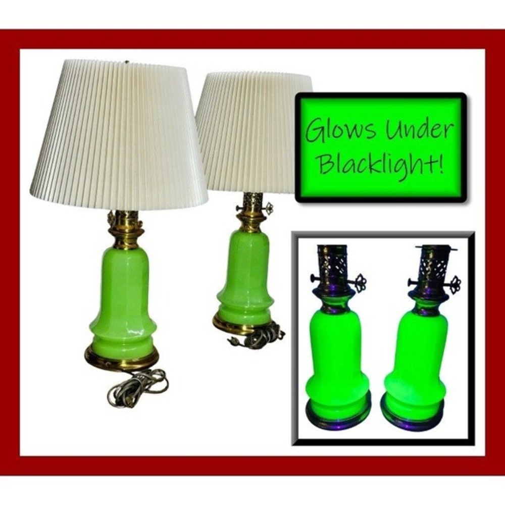Paul Hanson Uranium Glass Lamps Jadeite‎ Pair Brass MCM Original Shades Vintage